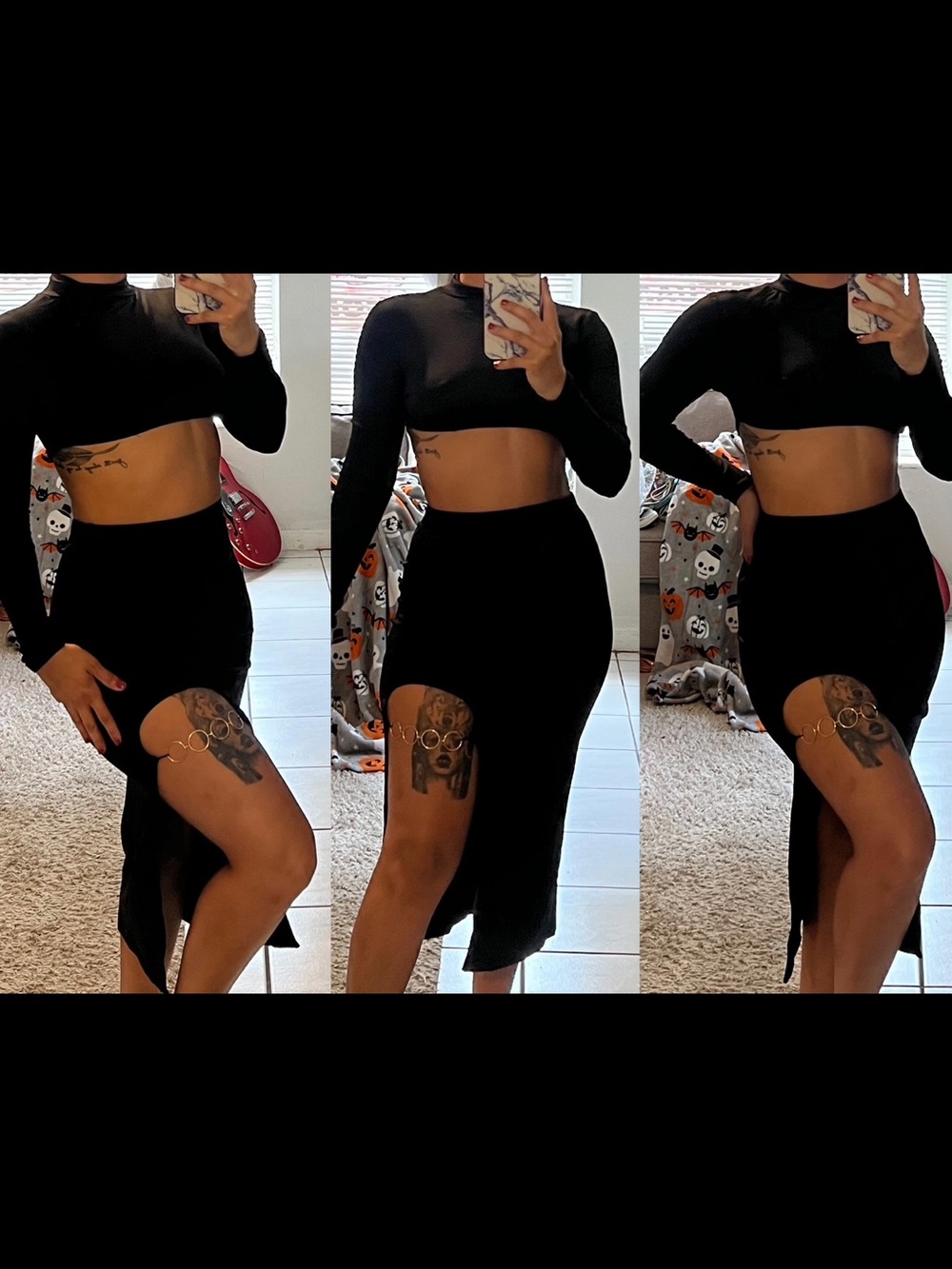 Black High-Slit Bodycon Skirt with Ring Detail - Women